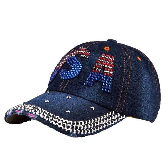 Women's Denim Fashion Diamond Letter USA Outdoor Casual Sunshade Adjustable Cap - Picture 2 of 5